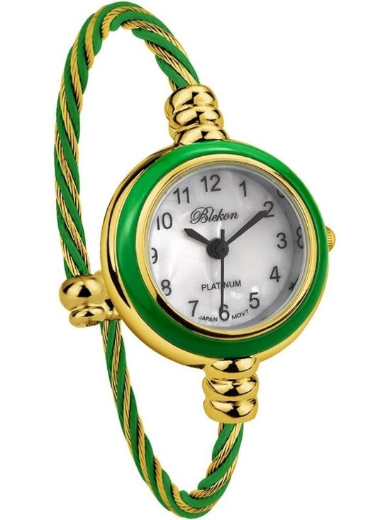 Women\'s Gold And Green Analog Elegant Cable Cuff Arabic Numbers Bracelet Watch